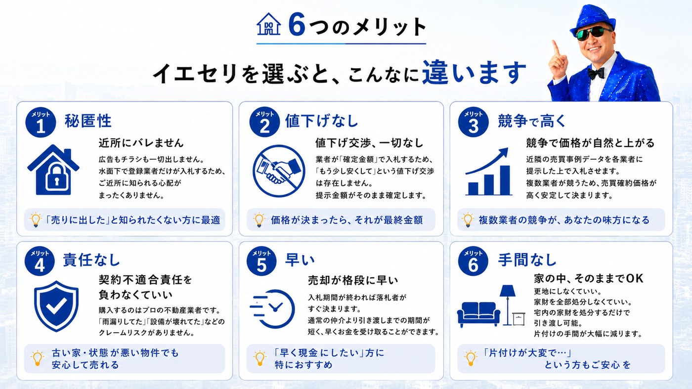 イエセリの6つのメリット - 秘匿性・値下げなし・競争で高く・責任なし・早い・手間なし