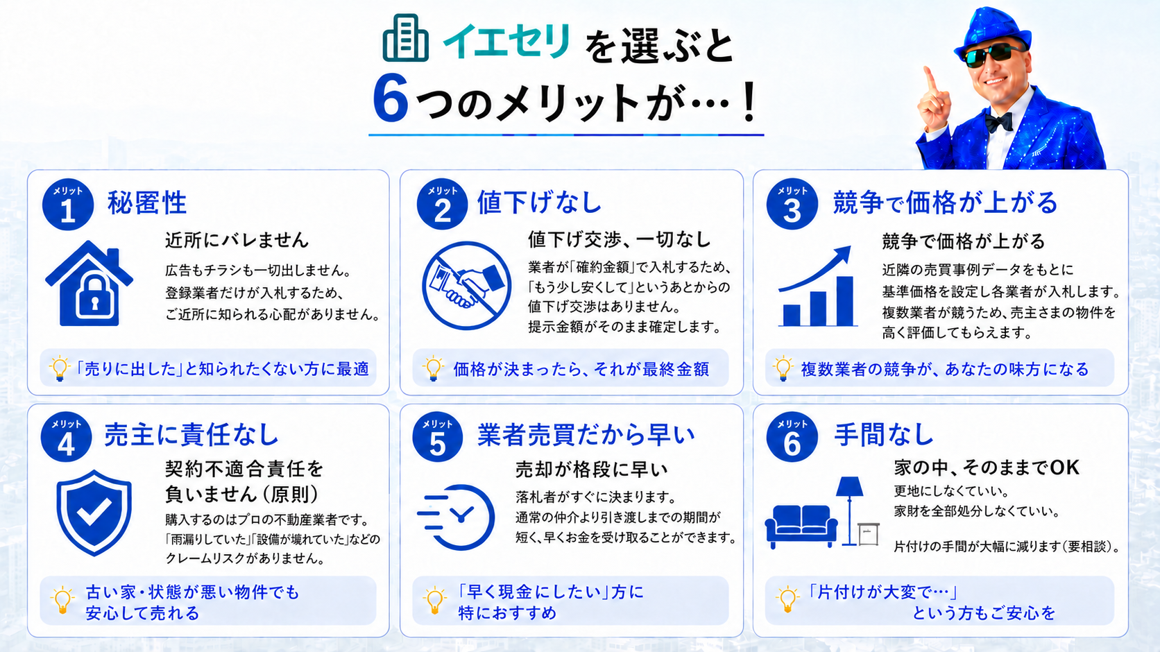 イエセリの6つのメリット - 秘匿性・値下げなし・競争で高く・責任なし・早い・手間なし